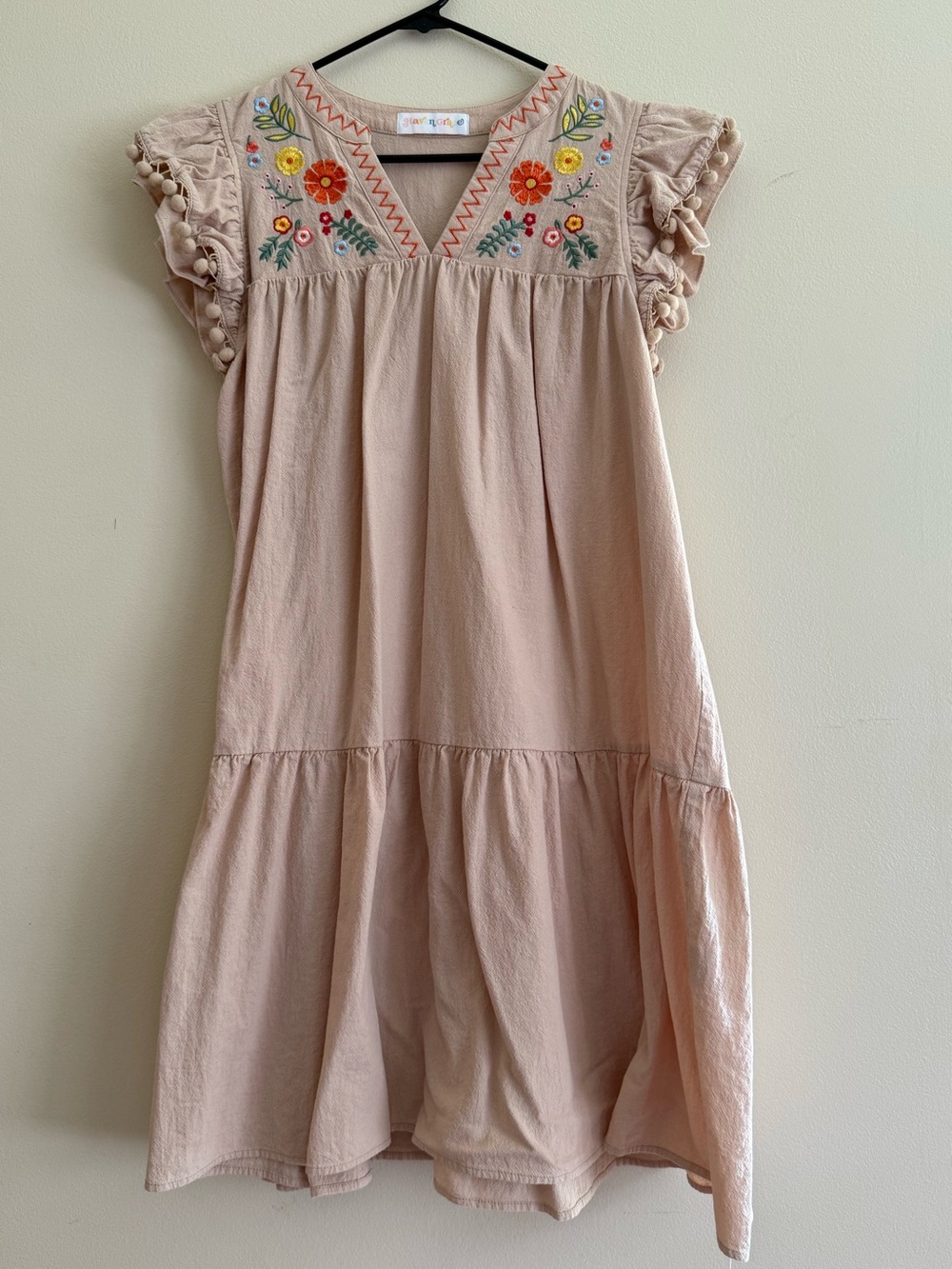 Haven Grace | Boho Cotton Embroidered Pom Pom Tiered Mini Sun Dress | Size L